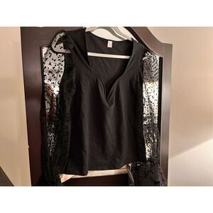 WDIRARA Polka Dots Sheer Dobby Mesh Deep V Neck Top XL